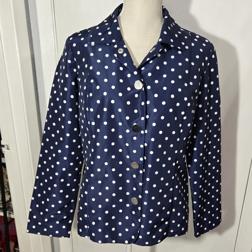 Chico's Sz 1 Windbreaker Rain Jacket Women's Navy Polka Dot Snap Front